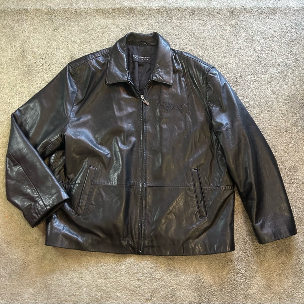 Port Authority Black Leather Bomber Jacket Mens 2XL Quilted Lining Heavyweight
